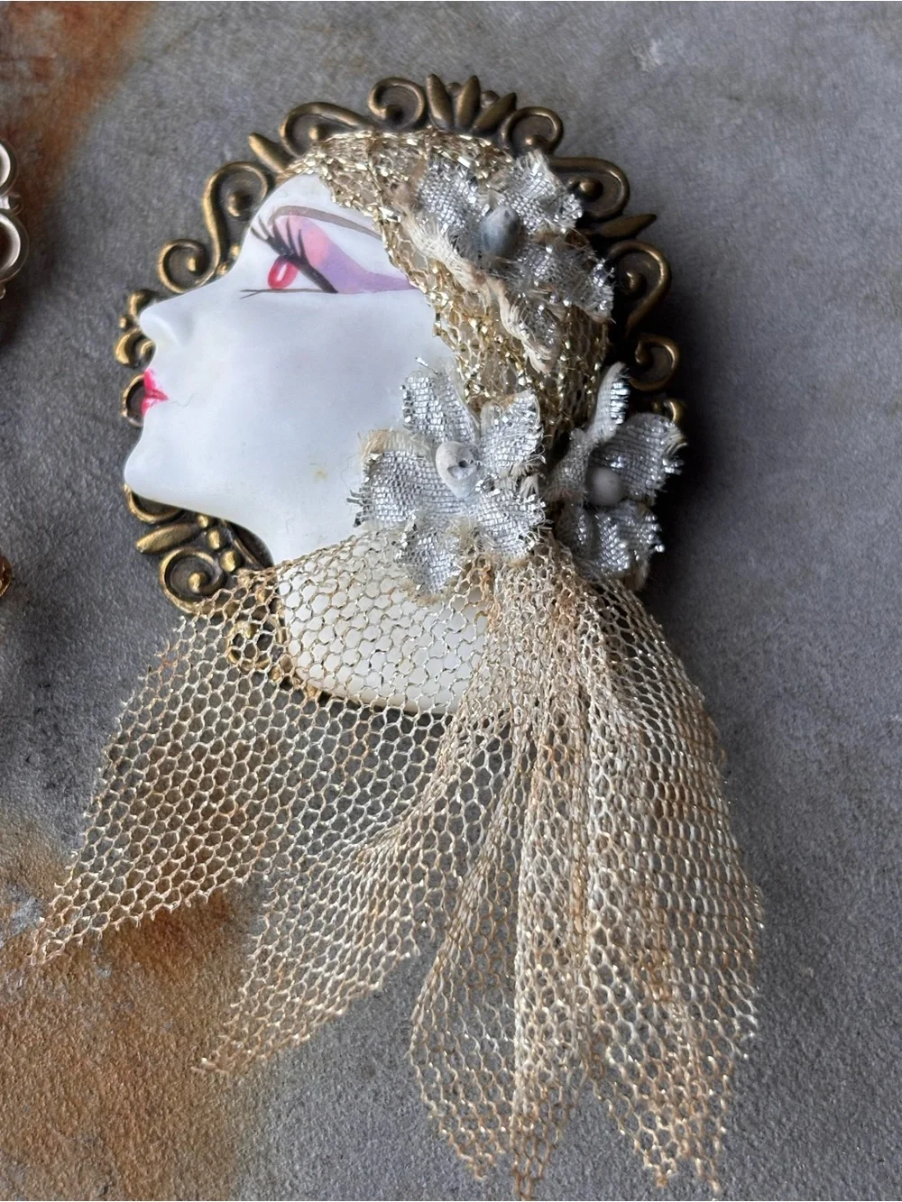 Vintage Victorian Brooch Trio Lot Pink Cameos Art Deco Lady Face Coquette